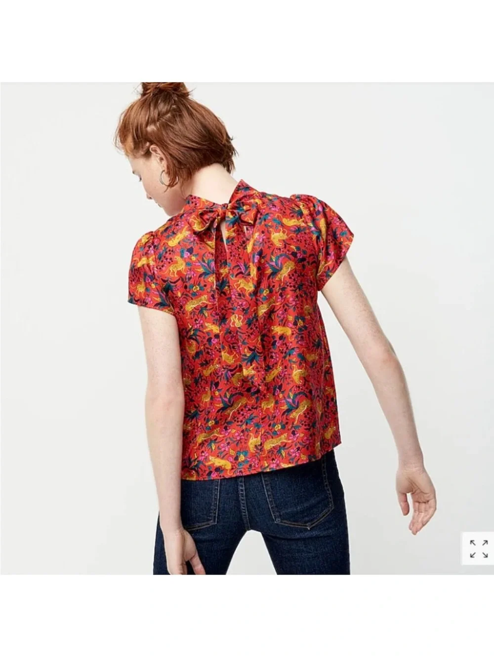 J.CREW Collection Silk Bow Back Top Jungle Cat Print Size O